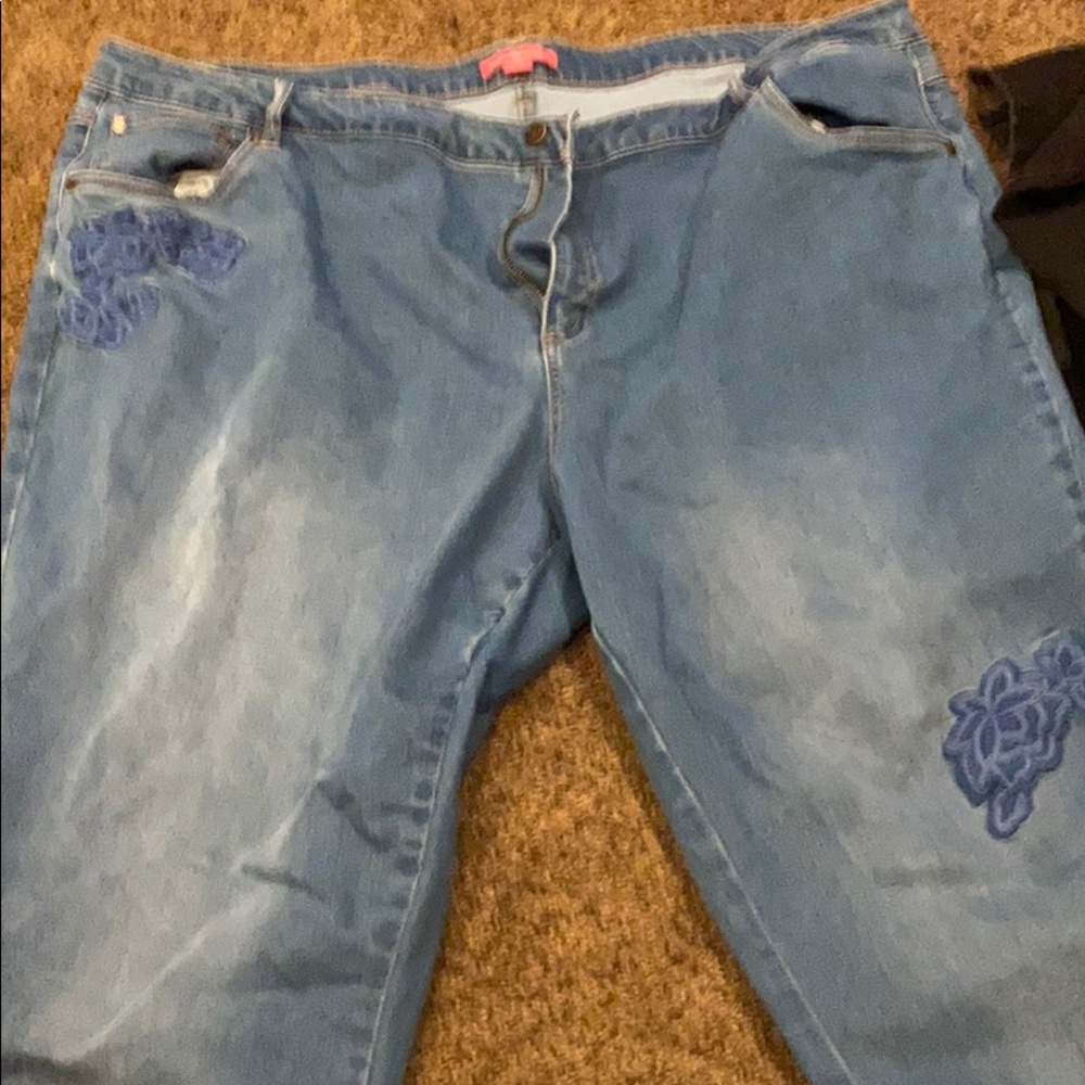 WomanWithin blue jeans, size 28, with embroidery